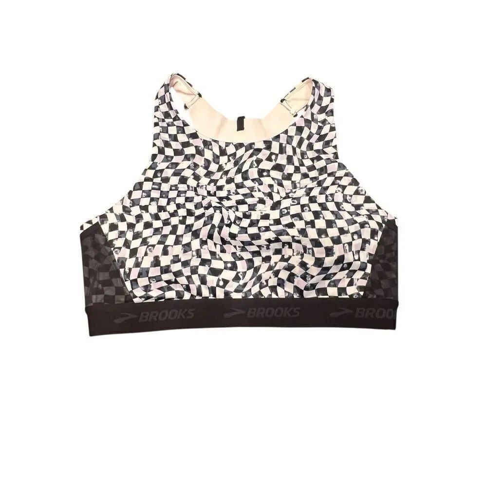 Brooks 38DD/E drive 3 pocket run sports bra black white checkered running yoga